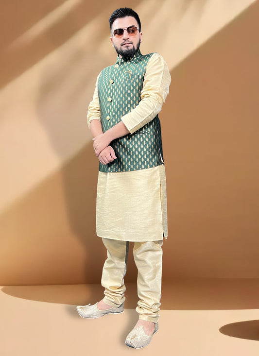 Fancy Work Jacquard, Silk Gold, Green Kurta Payjama With Jacket - M5417
