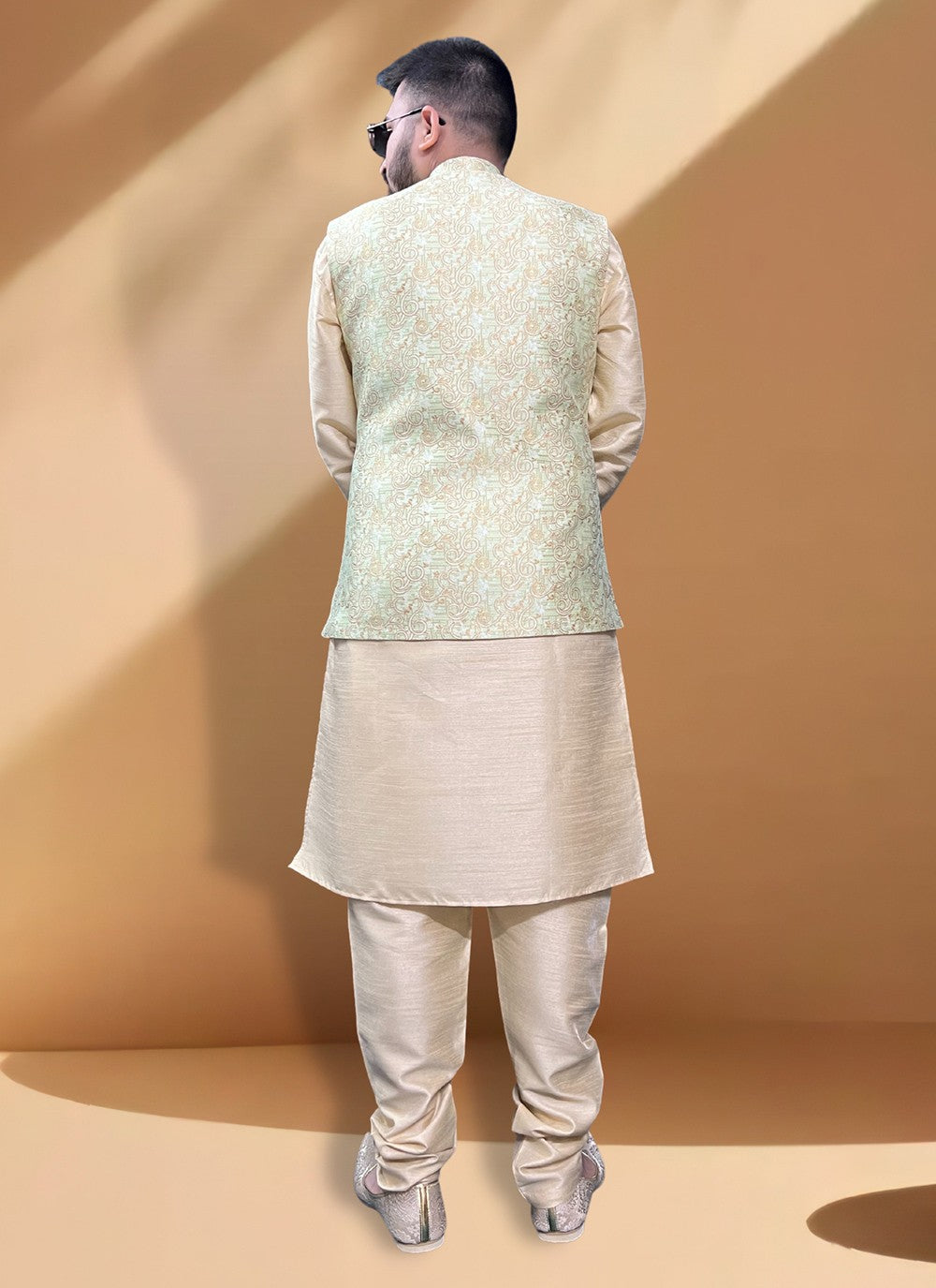 Fancy Work Jacquard, Silk Gold, Green Kurta Payjama With Jacket - M5412