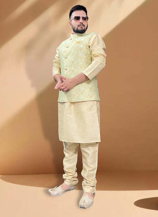 Fancy Work Jacquard, Silk Gold, Green Kurta Payjama With Jacket - M5412