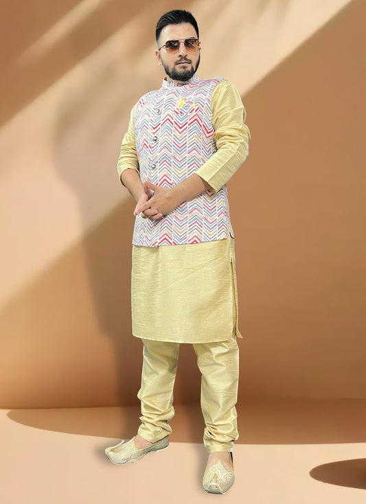 Fancy Work Cotton , Silk Gold, Grey Kurta Payjama With Jacket - M5400