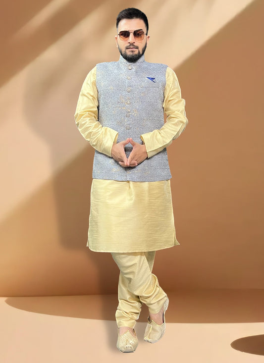 Fancy Work Jacquard, Silk Gold, Grey Kurta Payjama With Jacket - M5409
