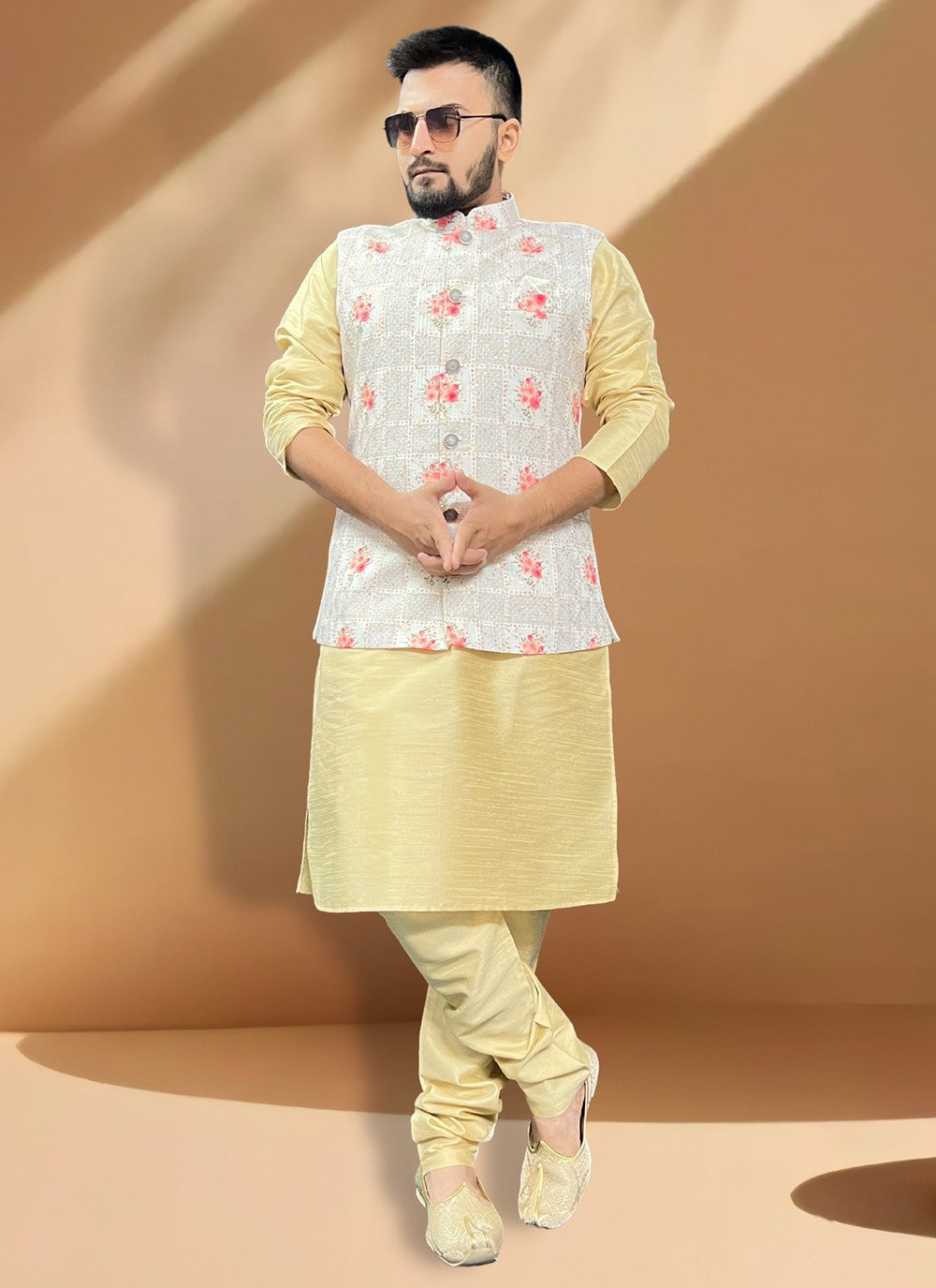 Embroidered Cotton , Silk Gold, Grey Kurta Payjama With Jacket - M5402