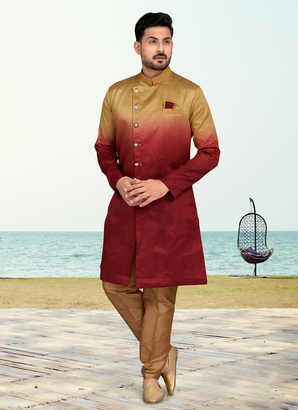 Buttons Silk Gold, Maroon Indo Western - M6593