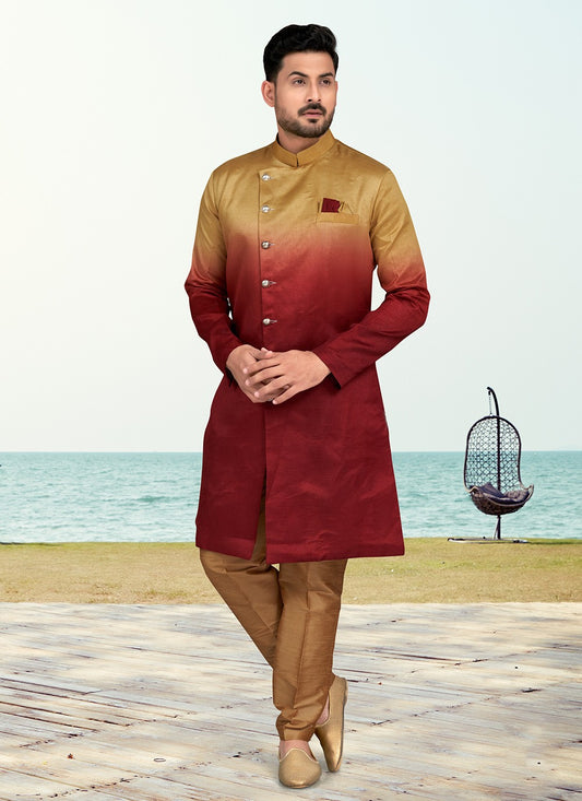 Buttons Silk Gold, Maroon Indo Western - M6593