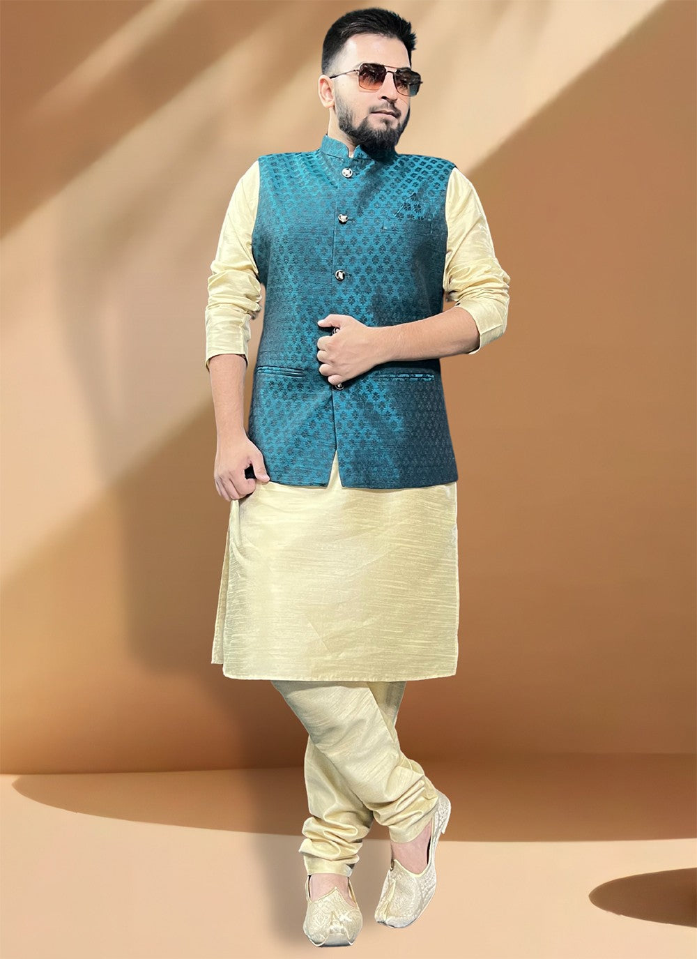 Fancy Work Jacquard, Silk Gold, Morpeach Kurta Payjama With Jacket - M5422