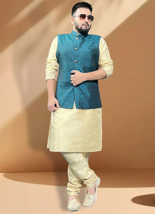 Fancy Work Jacquard, Silk Gold, Morpeach Kurta Payjama With Jacket - M5422