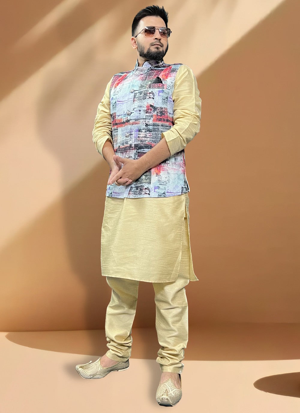 Embroidered Cotton , Silk Gold, Multi Colour Kurta Payjama With Jacket - M5413