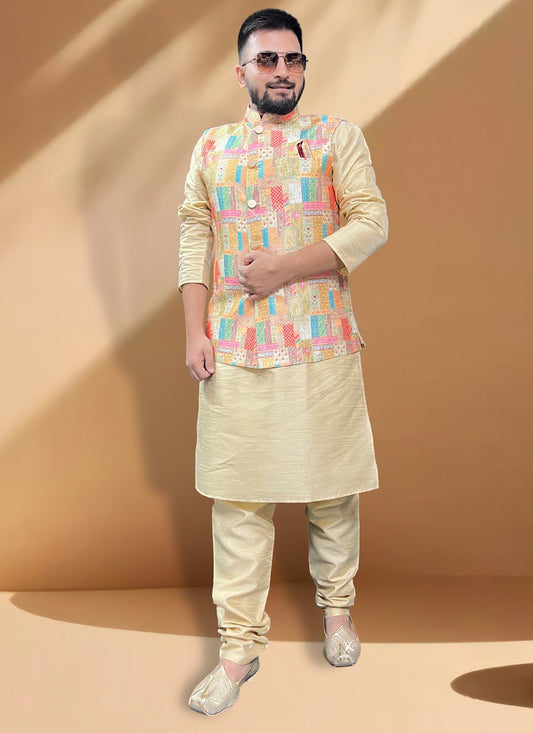 Embroidered Silk Gold, Multi Colour Kurta Payjama With Jacket - M5390
