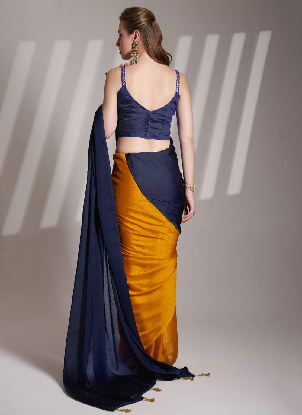 Classic Saree Plain Gold, Navy Blue Rangoli Saree S13716
