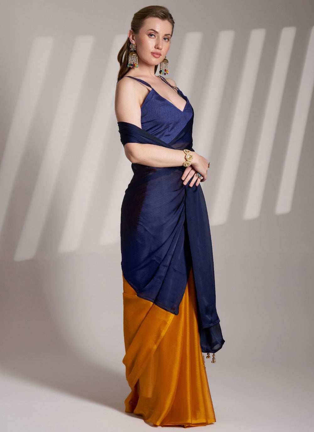 Classic Saree Plain Gold, Navy Blue Rangoli Saree S13716