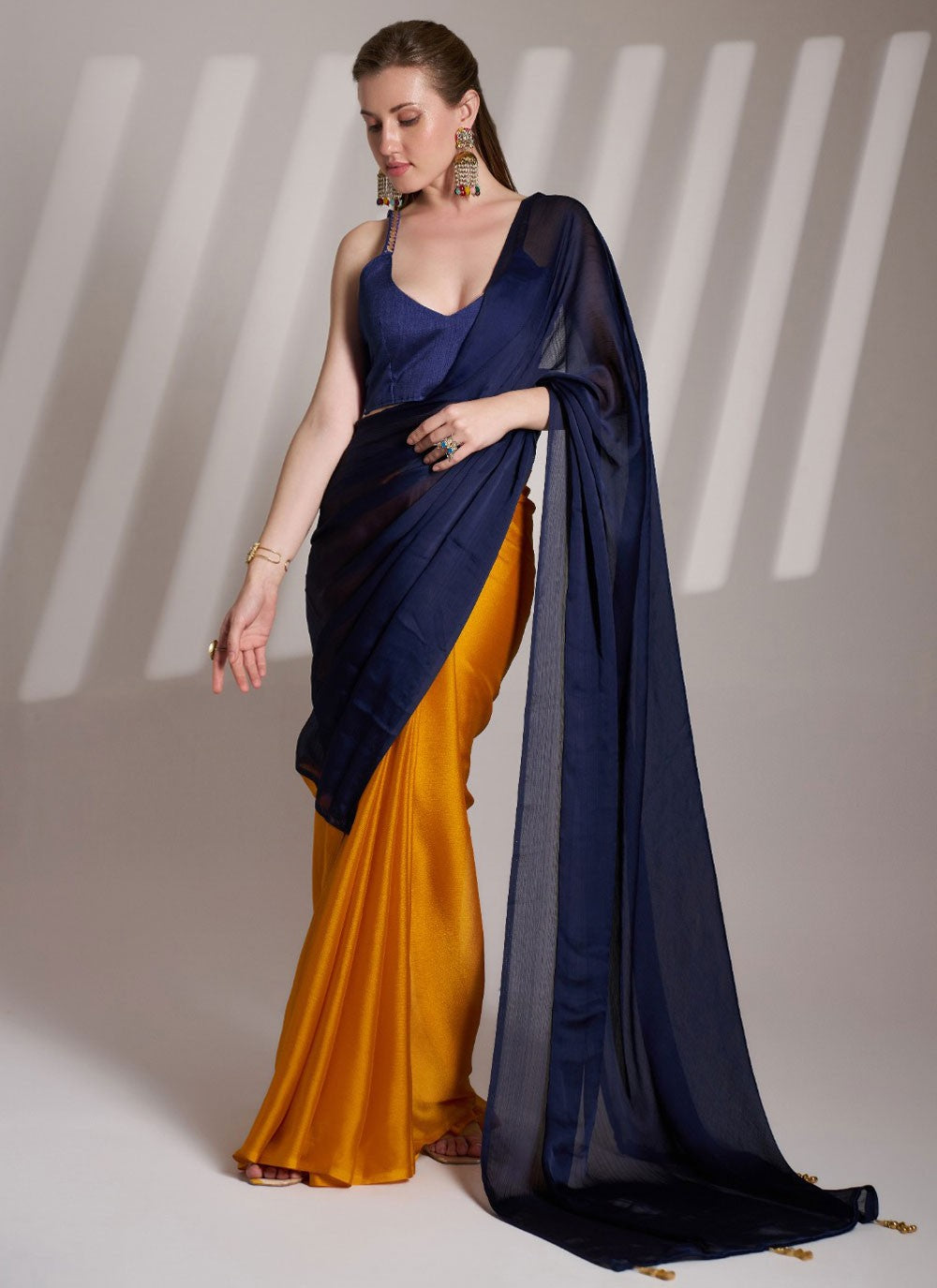 Classic Saree Plain Gold, Navy Blue Rangoli Saree S13716