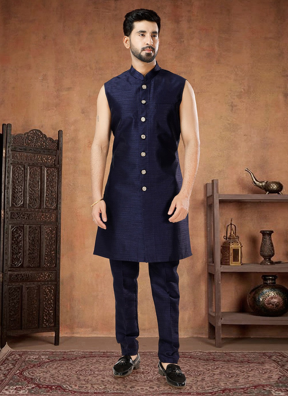 Embroidered Jacquard, Silk Gold, Navy Blue Indo Western - M7017
