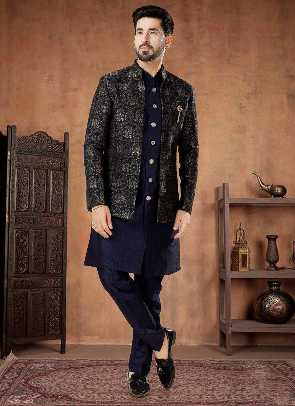 Embroidered Jacquard, Silk Gold, Navy Blue Indo Western - M7017