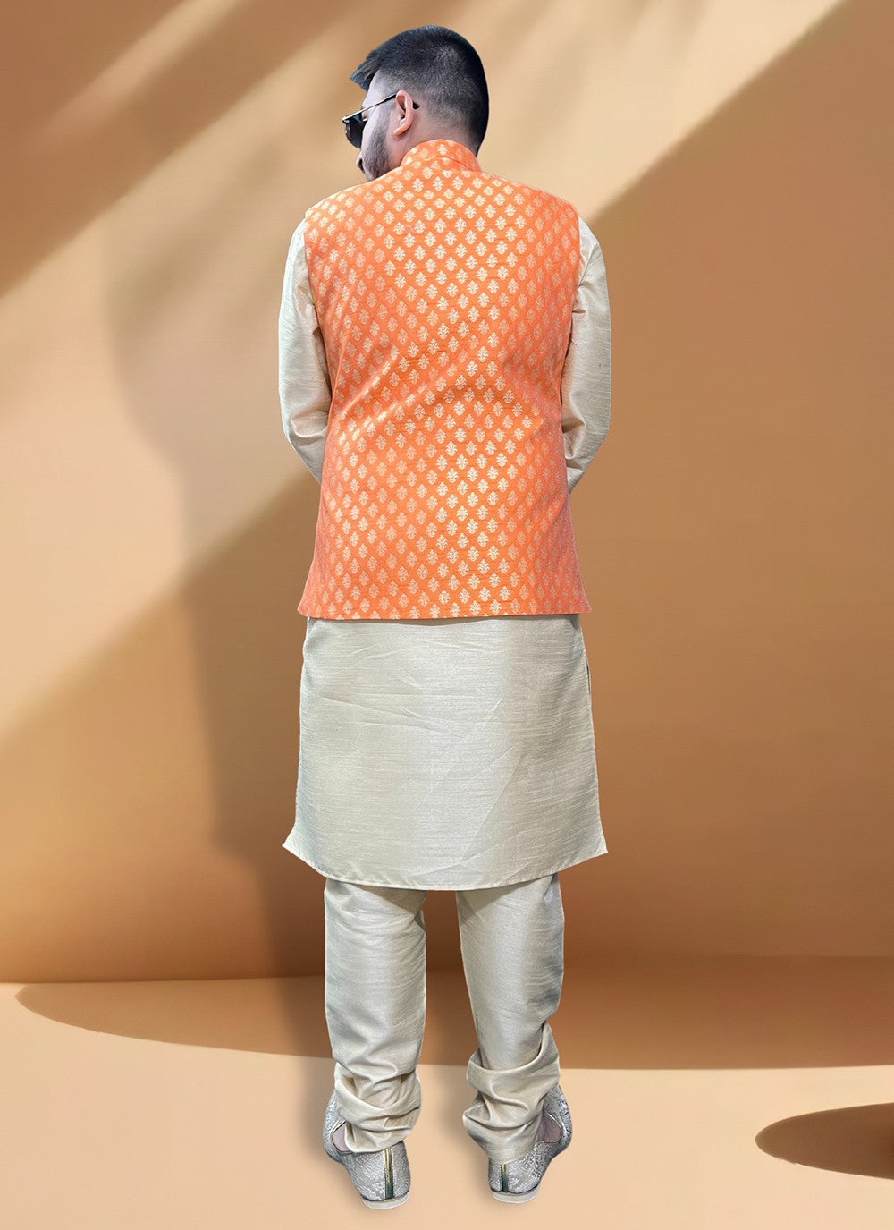 Fancy Work Jacquard, Silk Gold, Orange Kurta Payjama With Jacket - M5406