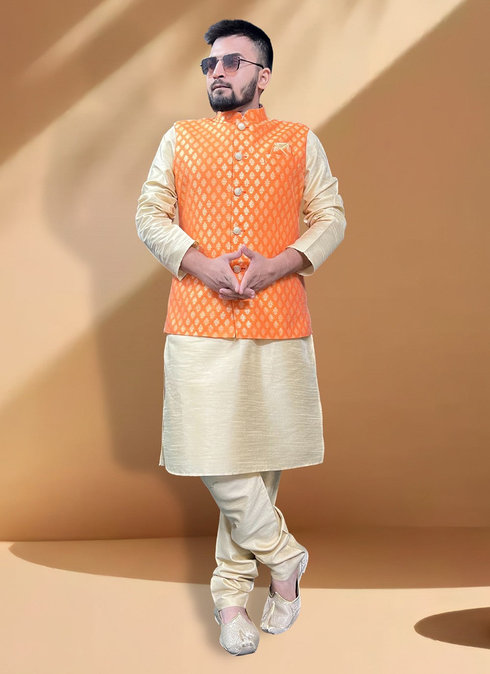 Fancy Work Jacquard, Silk Gold, Orange Kurta Payjama With Jacket - M5406