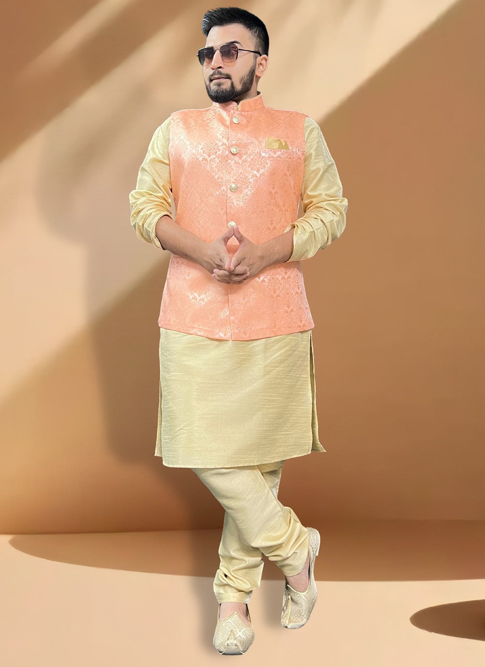 Fancy Work Jacquard, Silk Gold, Peach Kurta Payjama With Jacket - M5397