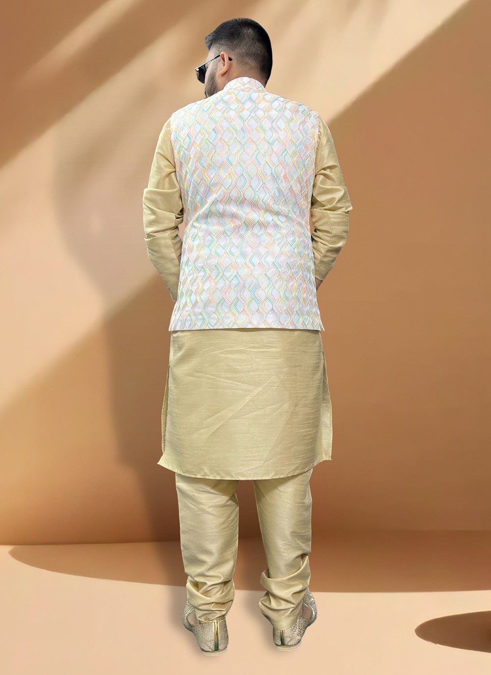 Embroidered Silk Gold, White Kurta Payjama With Jacket - M5403