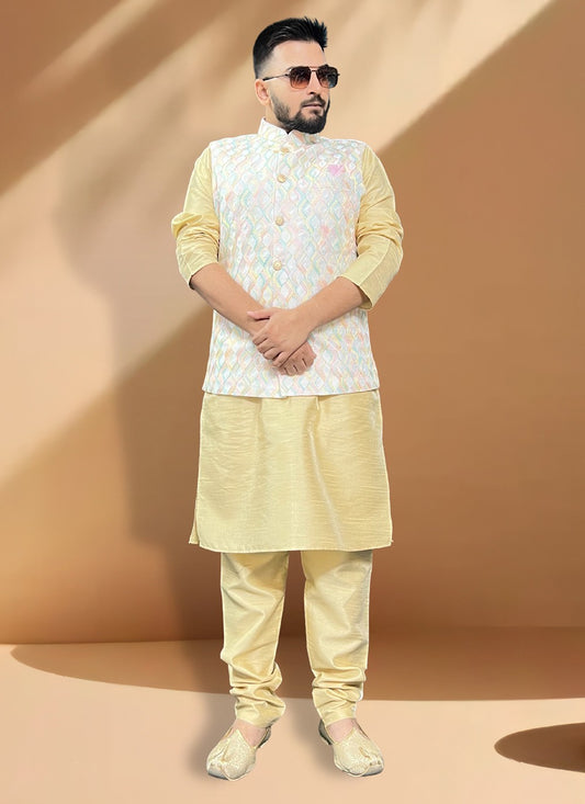 Embroidered Silk Gold, White Kurta Payjama With Jacket - M5403