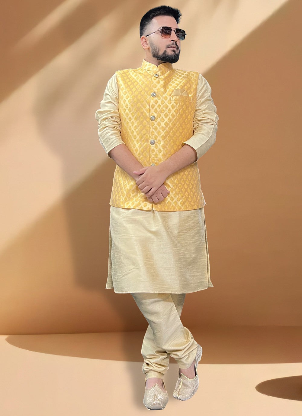 Fancy Work Jacquard, Silk Gold, Yellow Kurta Payjama With Jacket - M5389