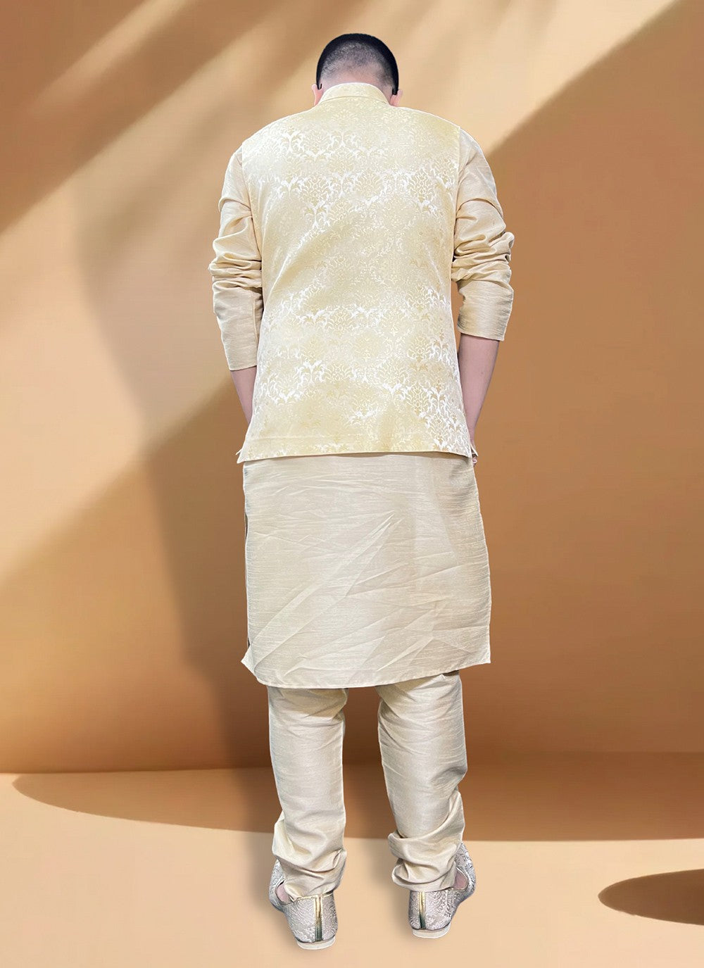 Fancy Work Jacquard, Silk Gold, Yellow Kurta Payjama With Jacket - M5395