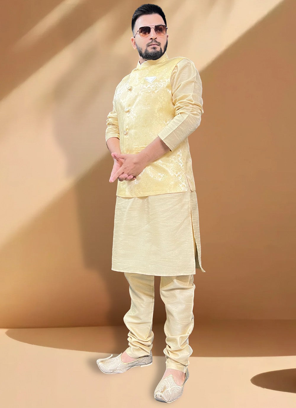Fancy Work Jacquard, Silk Gold, Yellow Kurta Payjama With Jacket - M5395