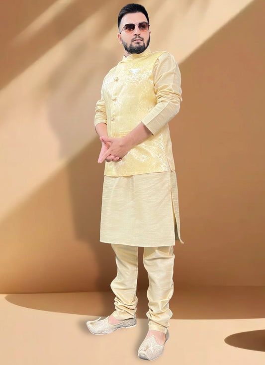 Fancy Work Jacquard, Silk Gold, Yellow Kurta Payjama With Jacket - M5395