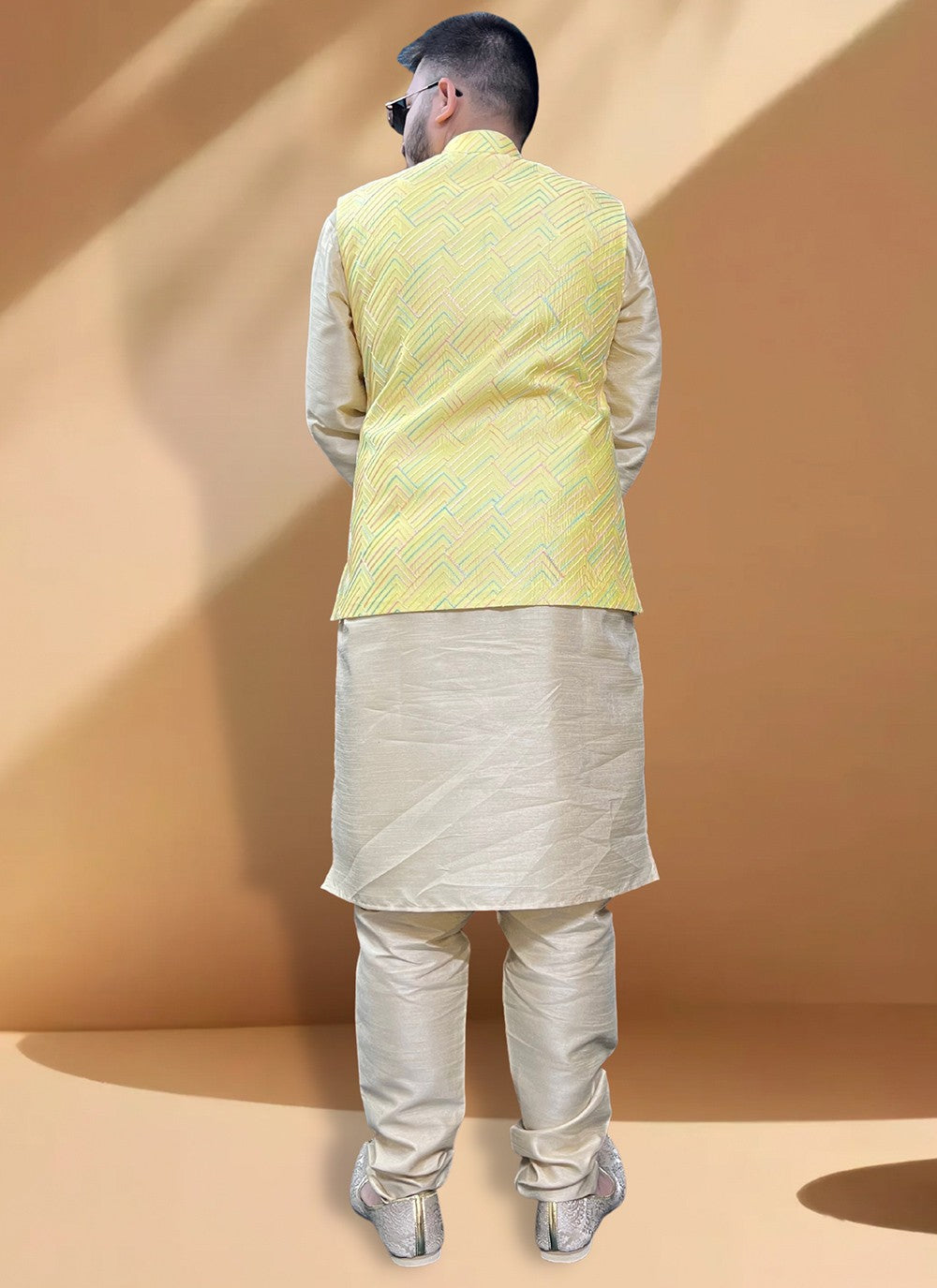 Embroidered Silk Gold, Yellow Kurta Payjama With Jacket - M5393