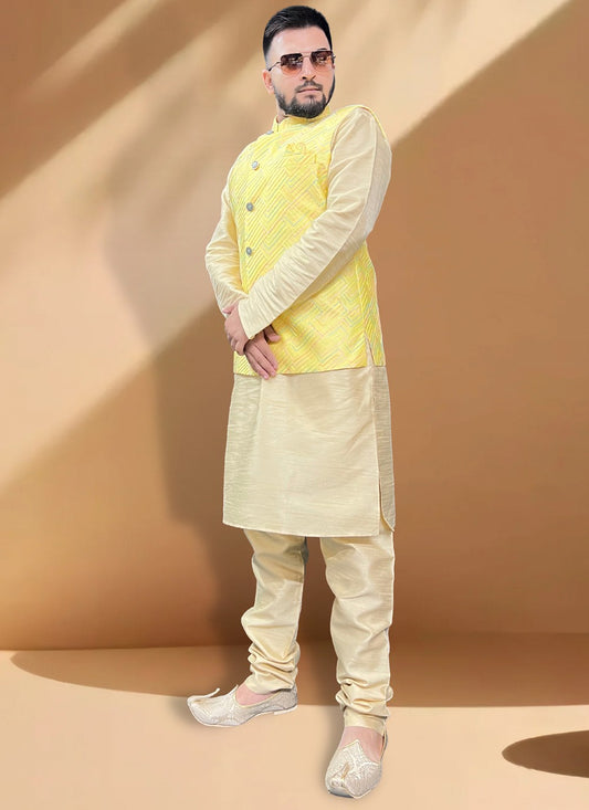 Embroidered Silk Gold, Yellow Kurta Payjama With Jacket - M5393