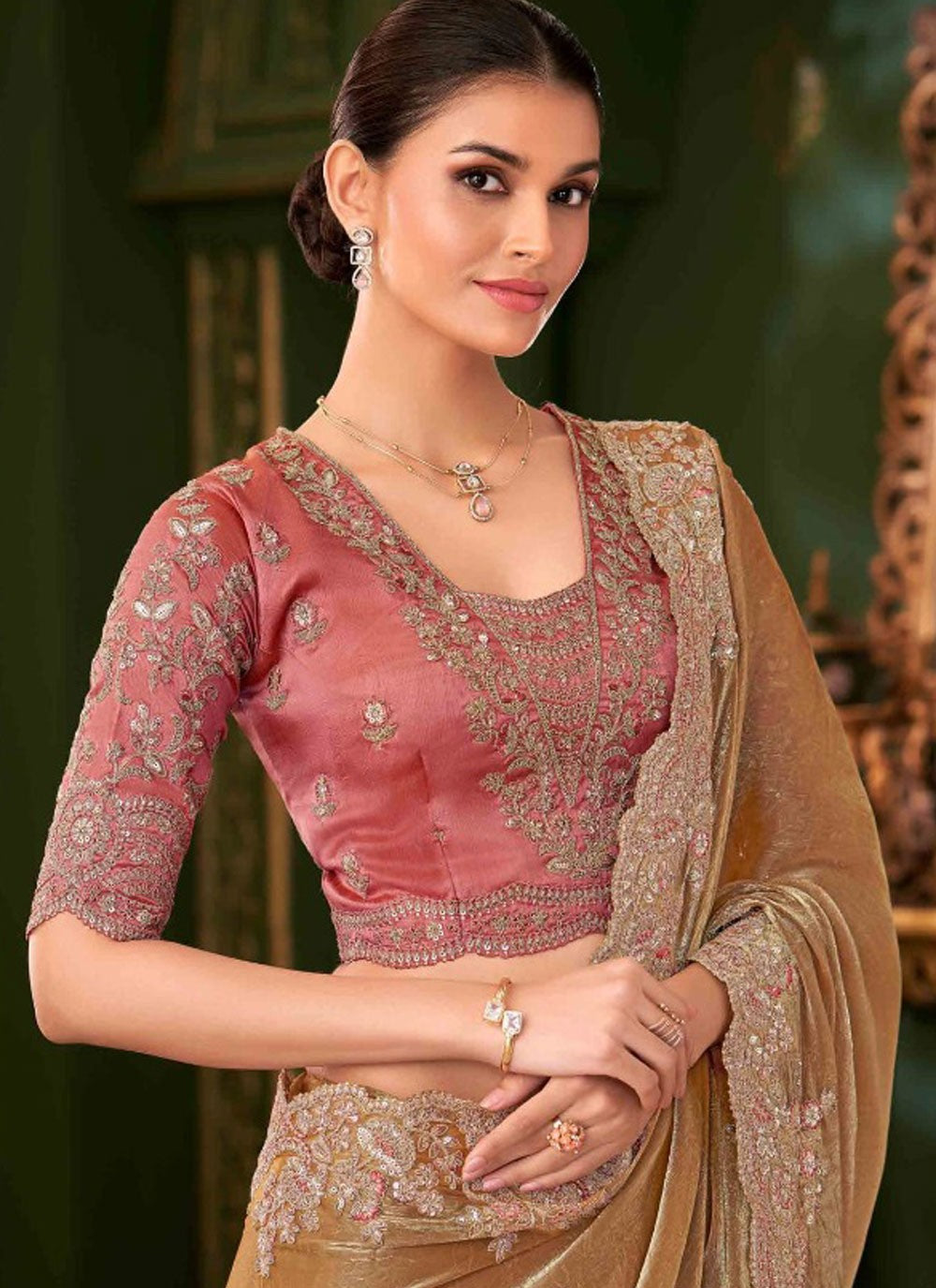 Gold Chiffon Classic Saree Embroidered S20376