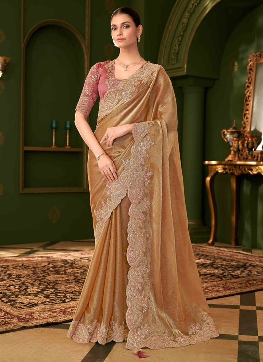 Gold Chiffon Classic Saree Embroidered S20376