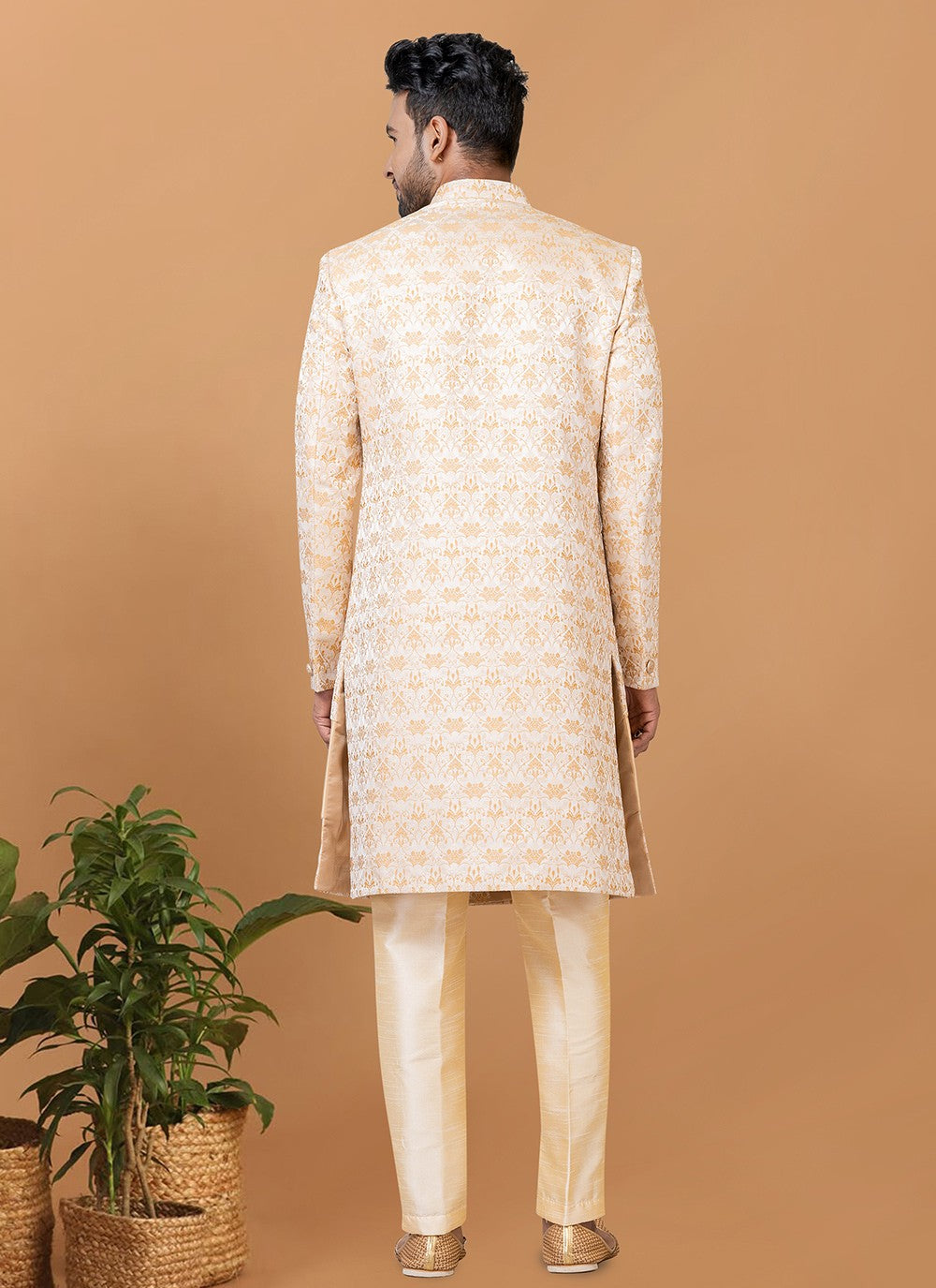 Jacquard Work Jacquard Silk Gold Indo Western - M8380