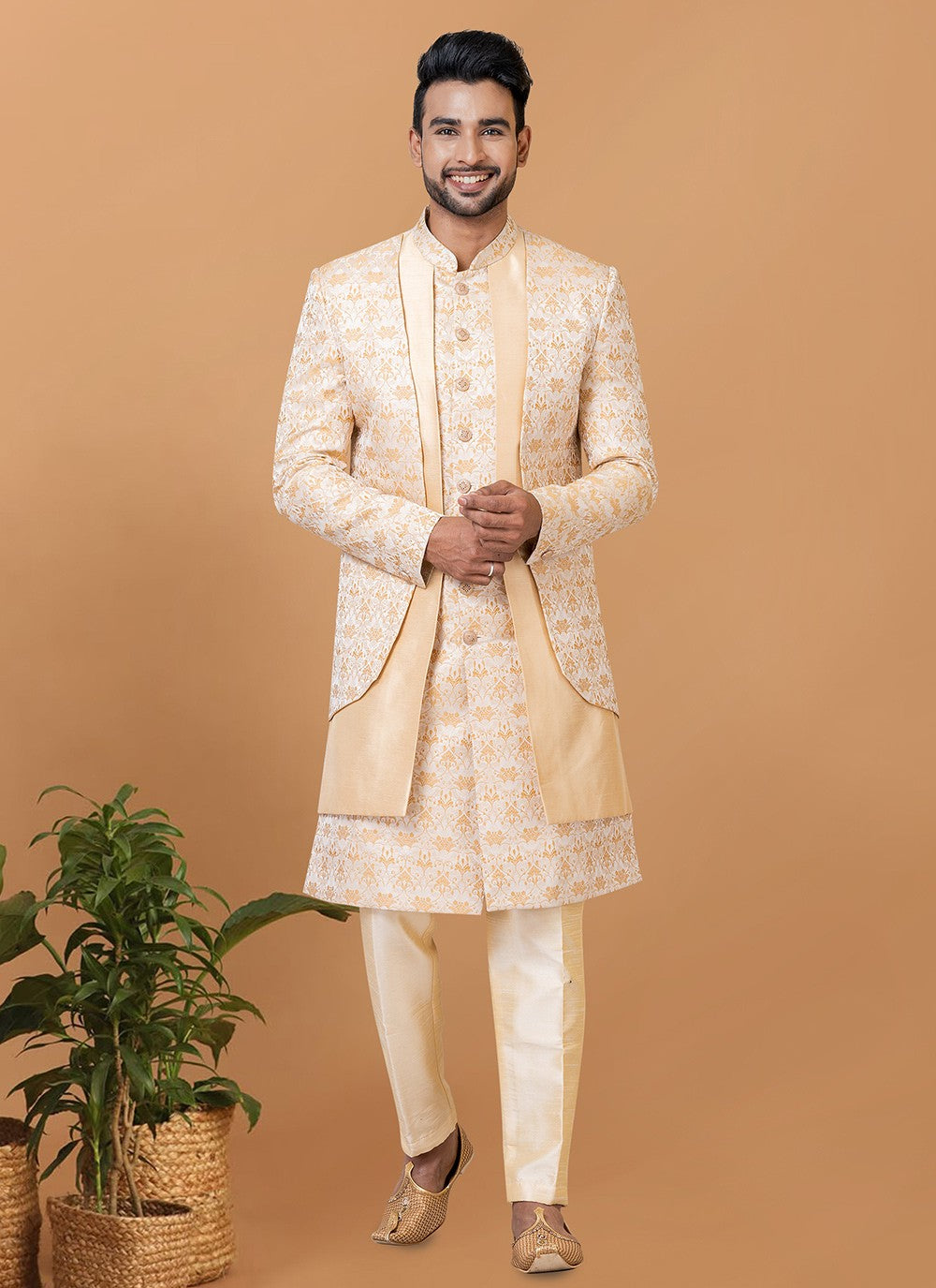 Jacquard Work Jacquard Silk Gold Indo Western - M8380