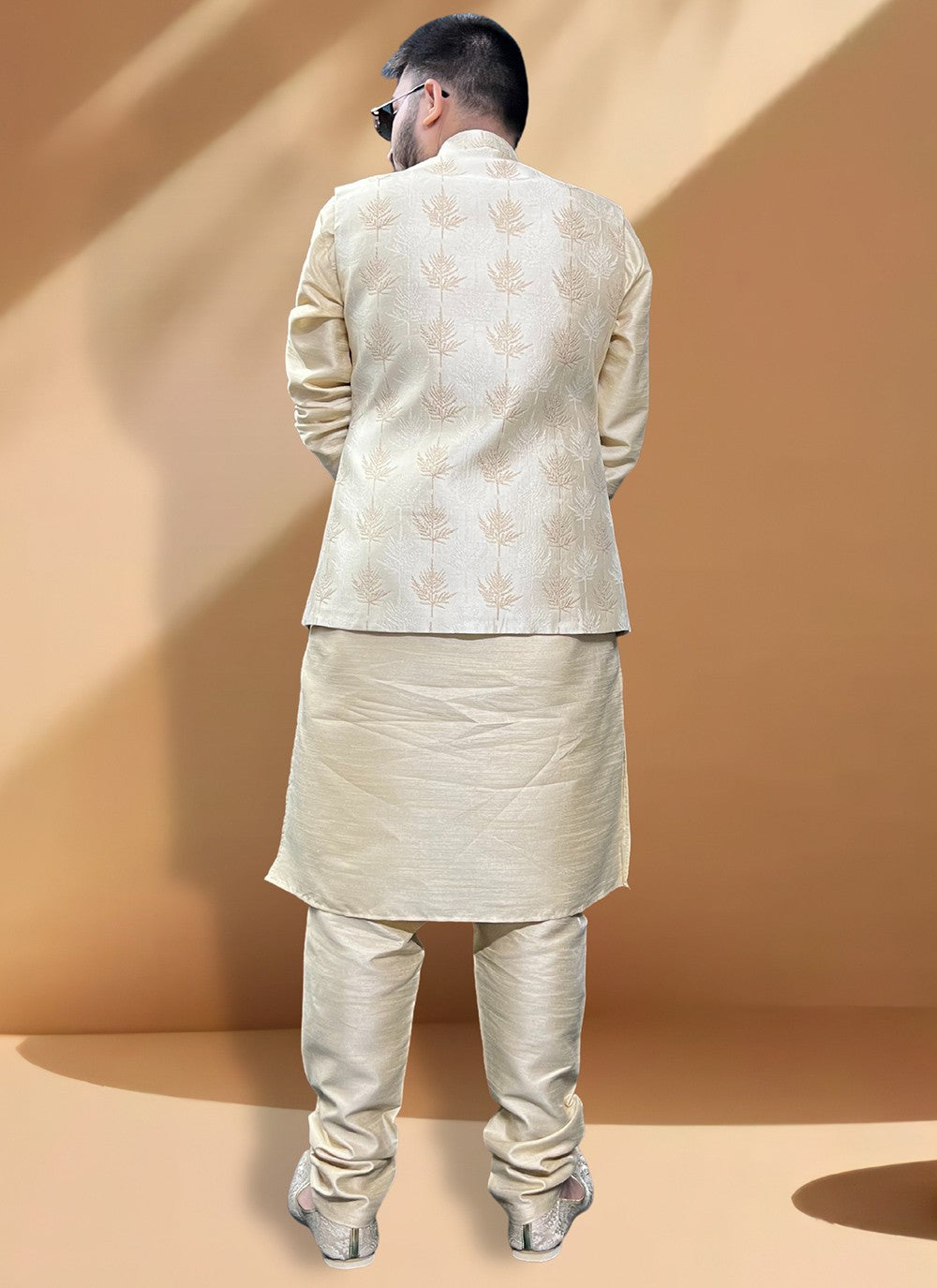 Fancy Work Jacquard, Silk Gold Kurta Payjama With Jacket - M5419