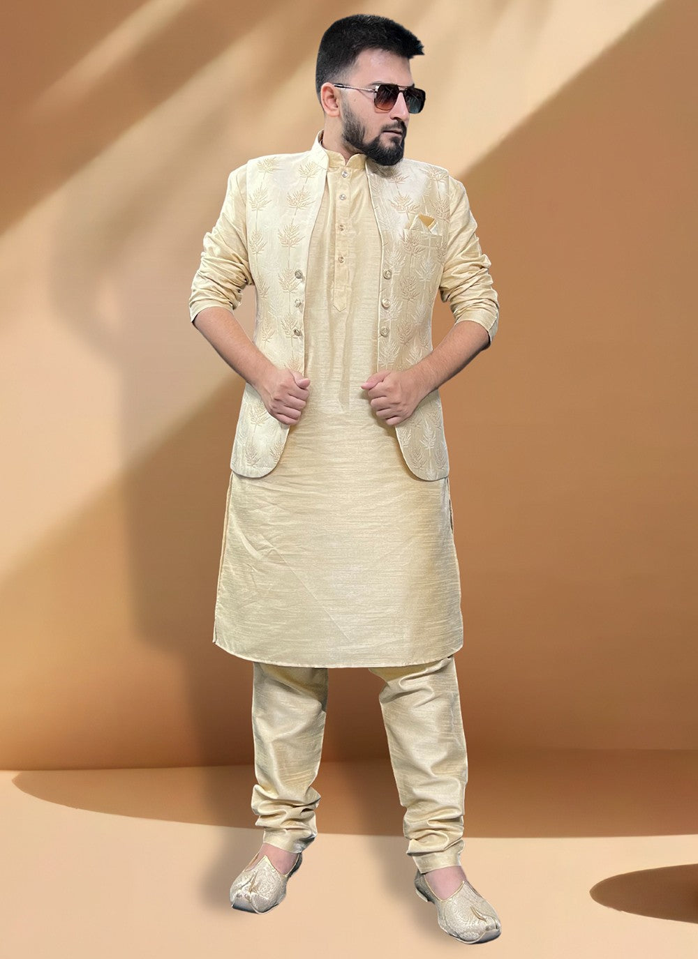 Fancy Work Jacquard, Silk Gold Kurta Payjama With Jacket - M5419