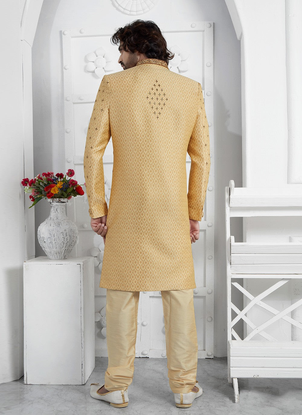Embroidered Georgette Gold Sherwani - M7457