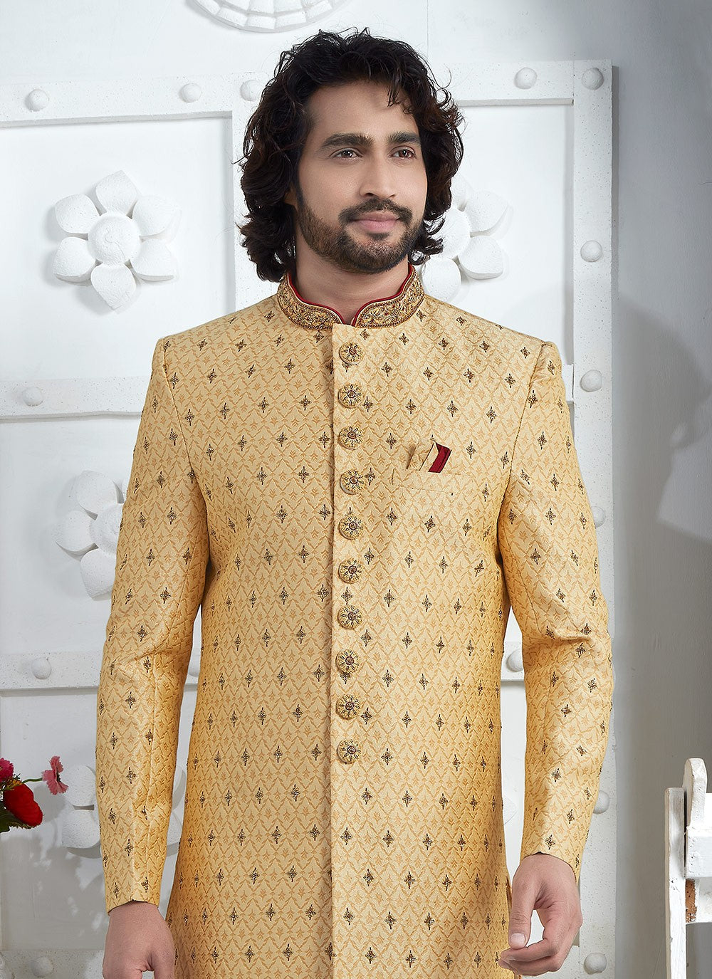 Embroidered Georgette Gold Sherwani - M7457