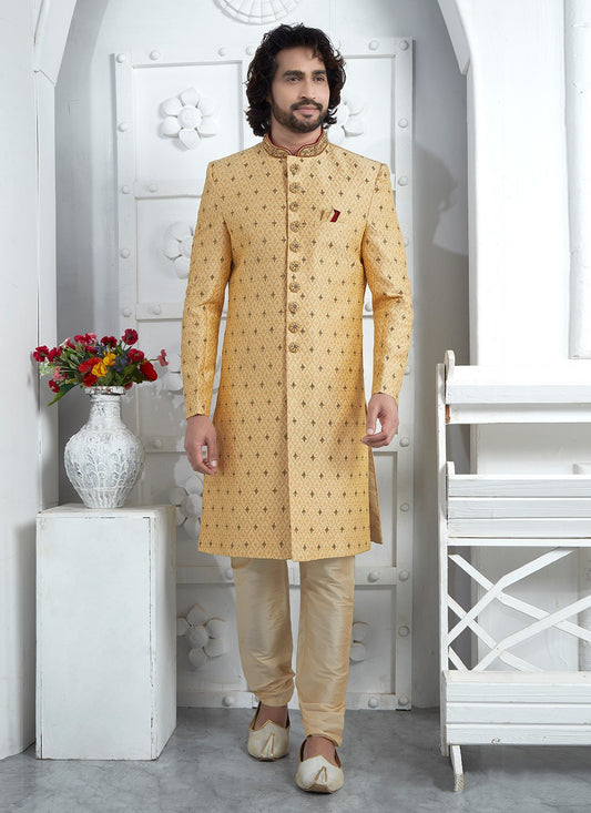 Embroidered Georgette Gold Sherwani - M7457