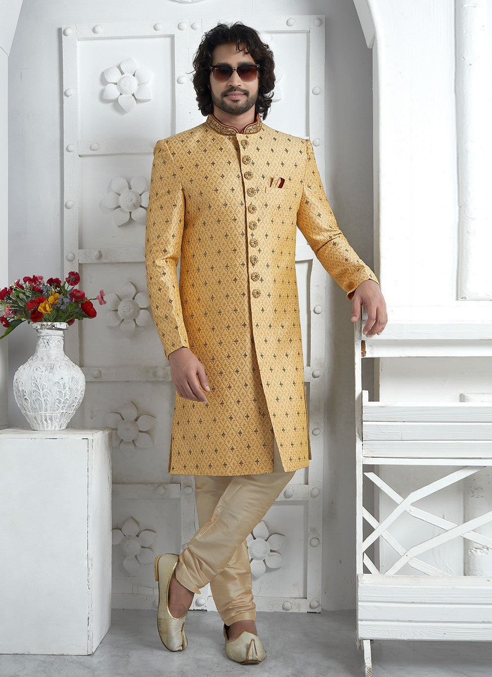 Embroidered Georgette Gold Sherwani - M7457