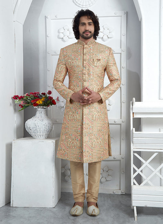 Embroidered Art Silk Gold Sherwani - M7459