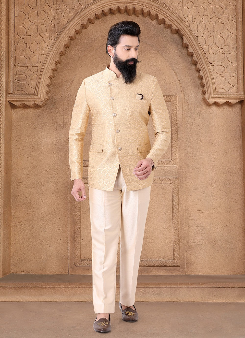 Printed Jacquard Gold Jodhpuri Suit - M7632