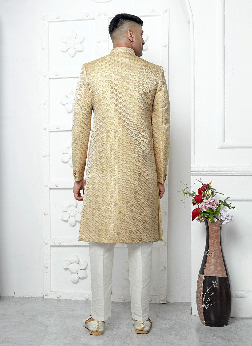 Fancy Work Jacquard Silk Gold Indo Western - M6618