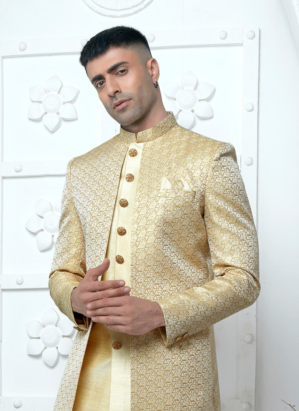 Fancy Work Jacquard Silk Gold Indo Western - M6618