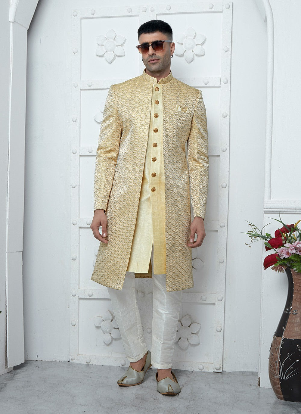 Fancy Work Jacquard Silk Gold Indo Western - M6618