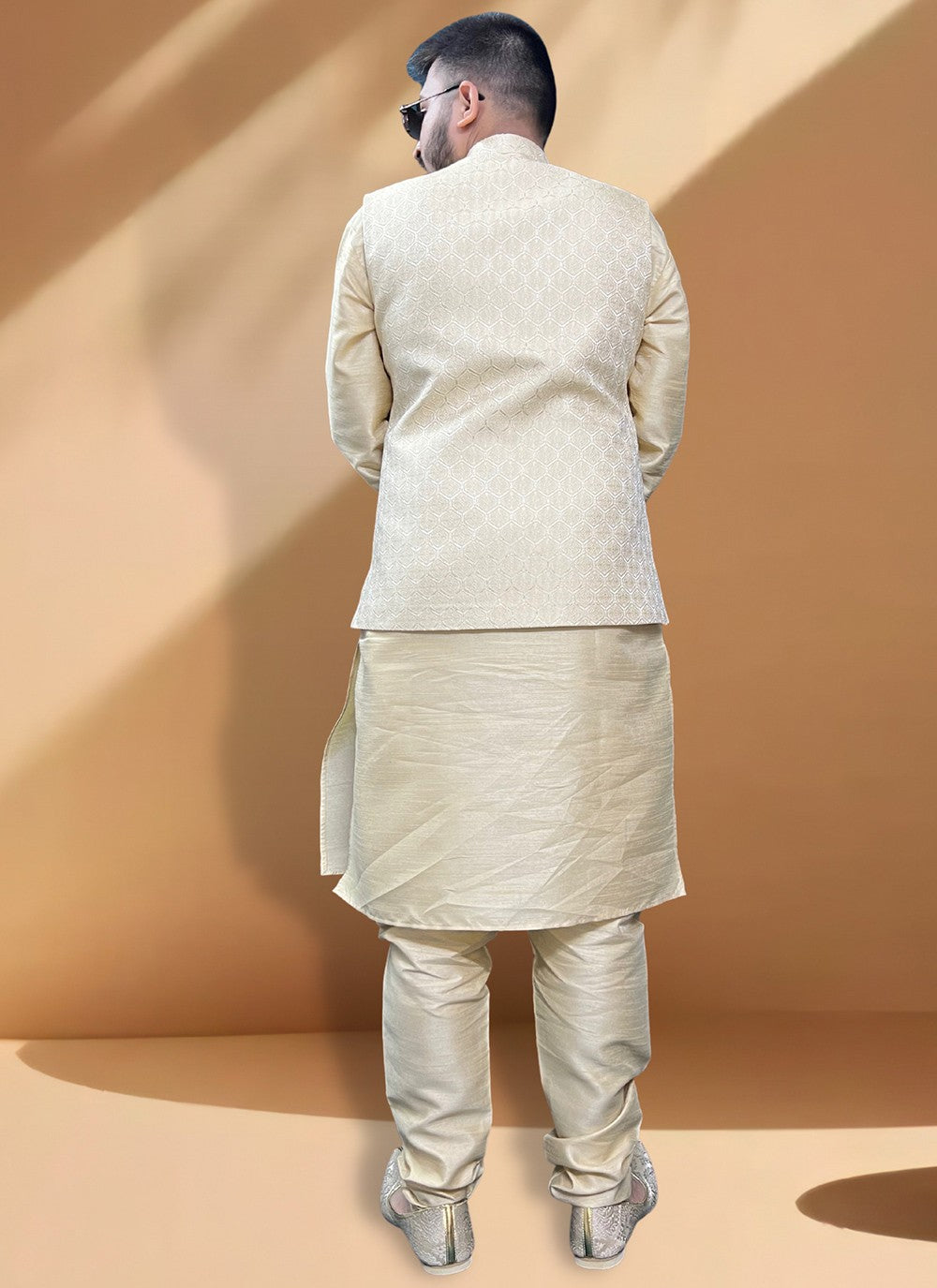 Fancy Work Jacquard Gold Nehru Jackets - M5428