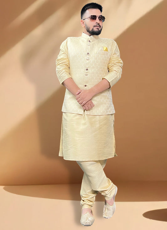 Fancy Work Jacquard Gold Nehru Jackets - M5428