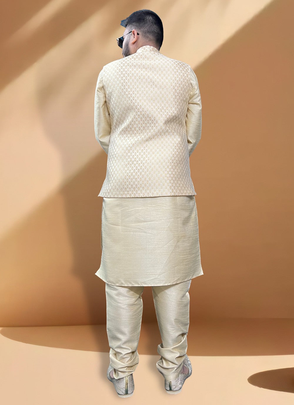 Fancy Work Jacquard, Silk Gold Kurta Payjama With Jacket - M5405