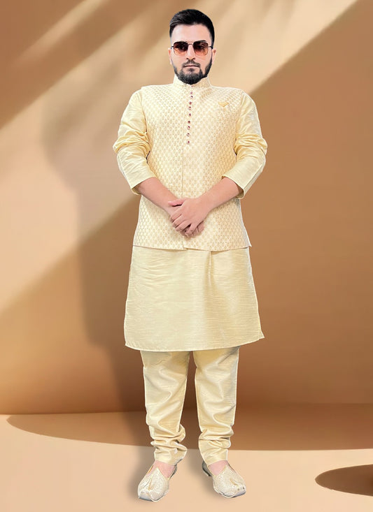 Fancy Work Jacquard, Silk Gold Kurta Payjama With Jacket - M5405