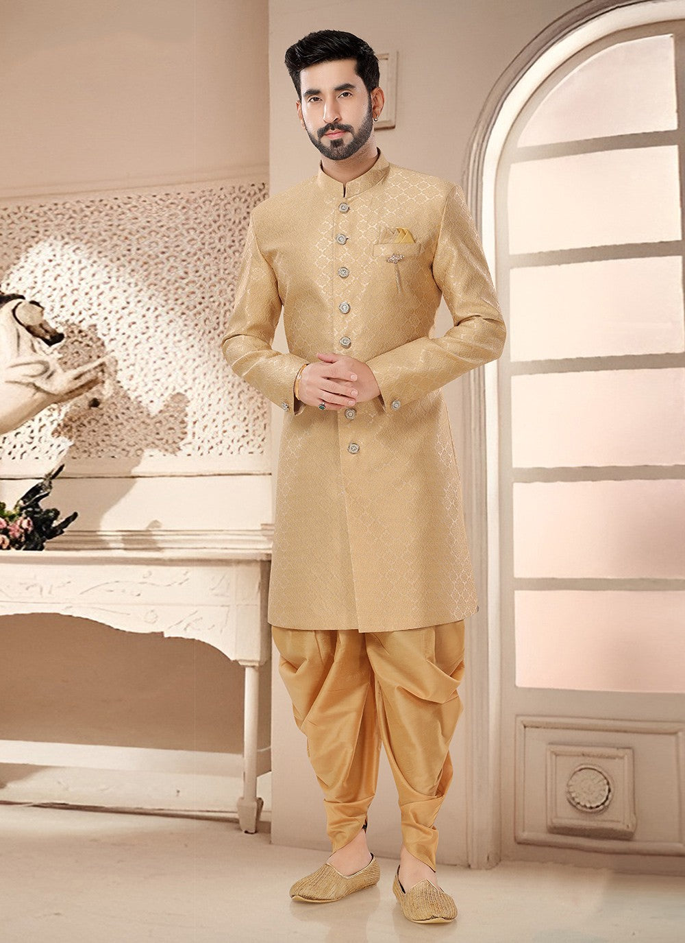 Woven Jacquard Gold Sherwani - M7527