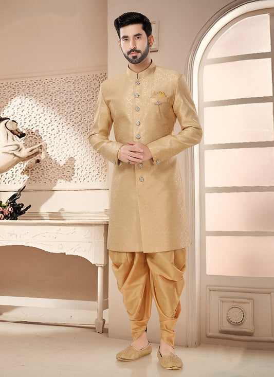 Woven Jacquard Gold Sherwani - M7527