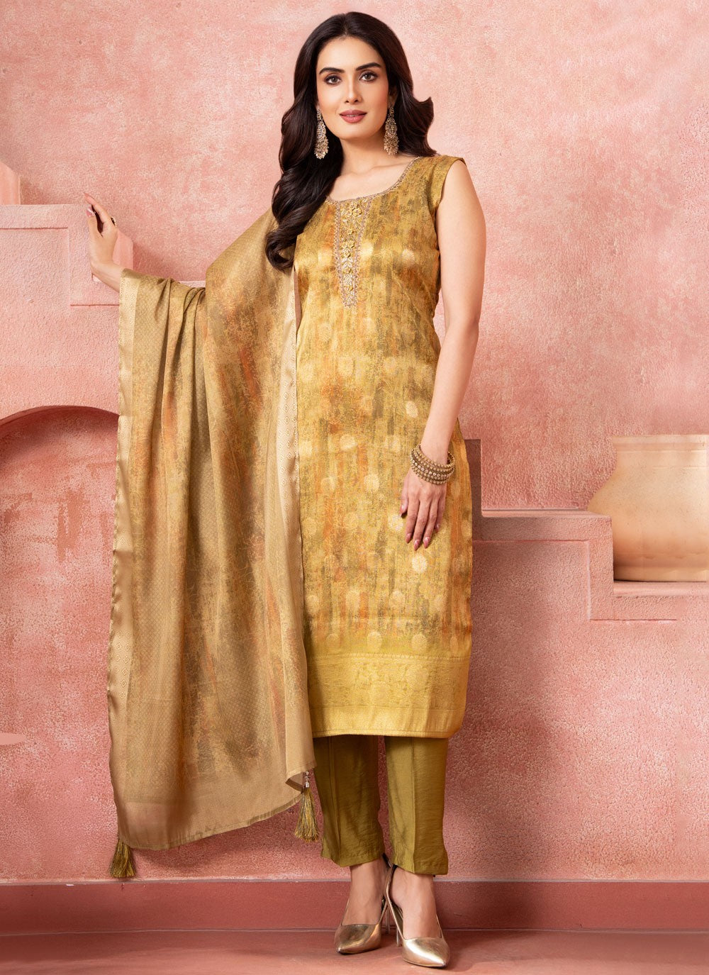 Pant Style Suit Printed, Thread, Zari Gold T8090